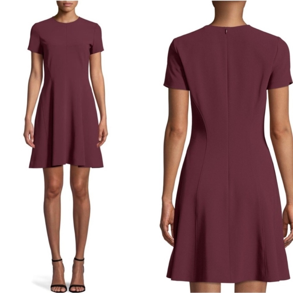 THEORY Modern Seamed Short Sleeve Jewel Neck Shift Dress in Deep Mulberry - Picture 11 of 14